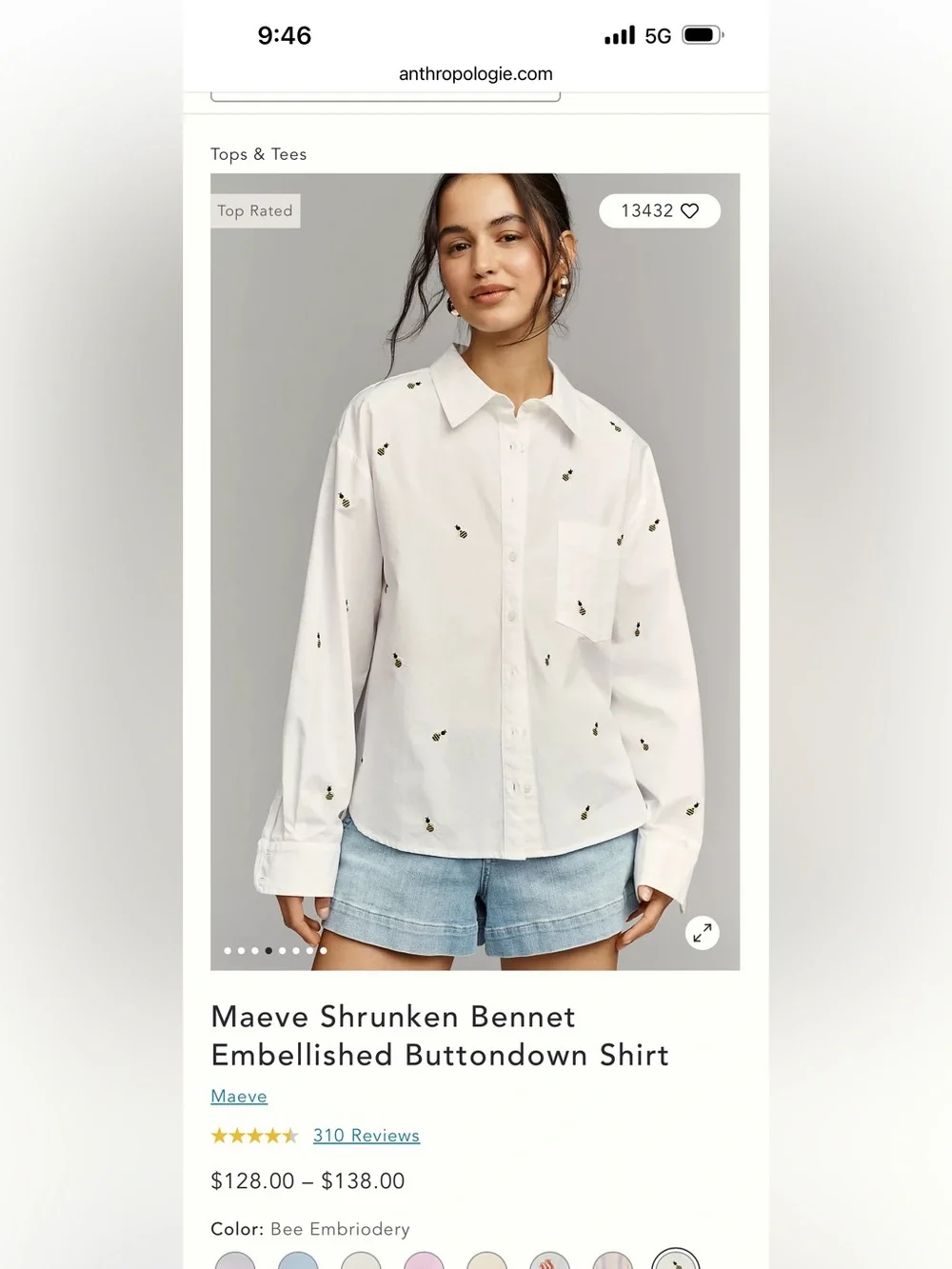 Maeve White Button-Down Shirt with Bee Embroidery - Picture 1 of 9